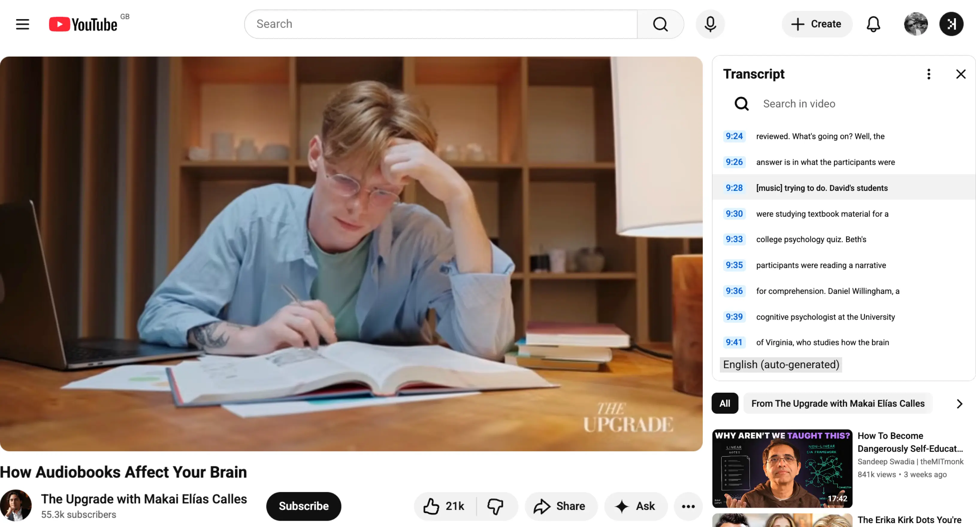 YouTube native transcript panel on the same video — only one language option in the dropdown
