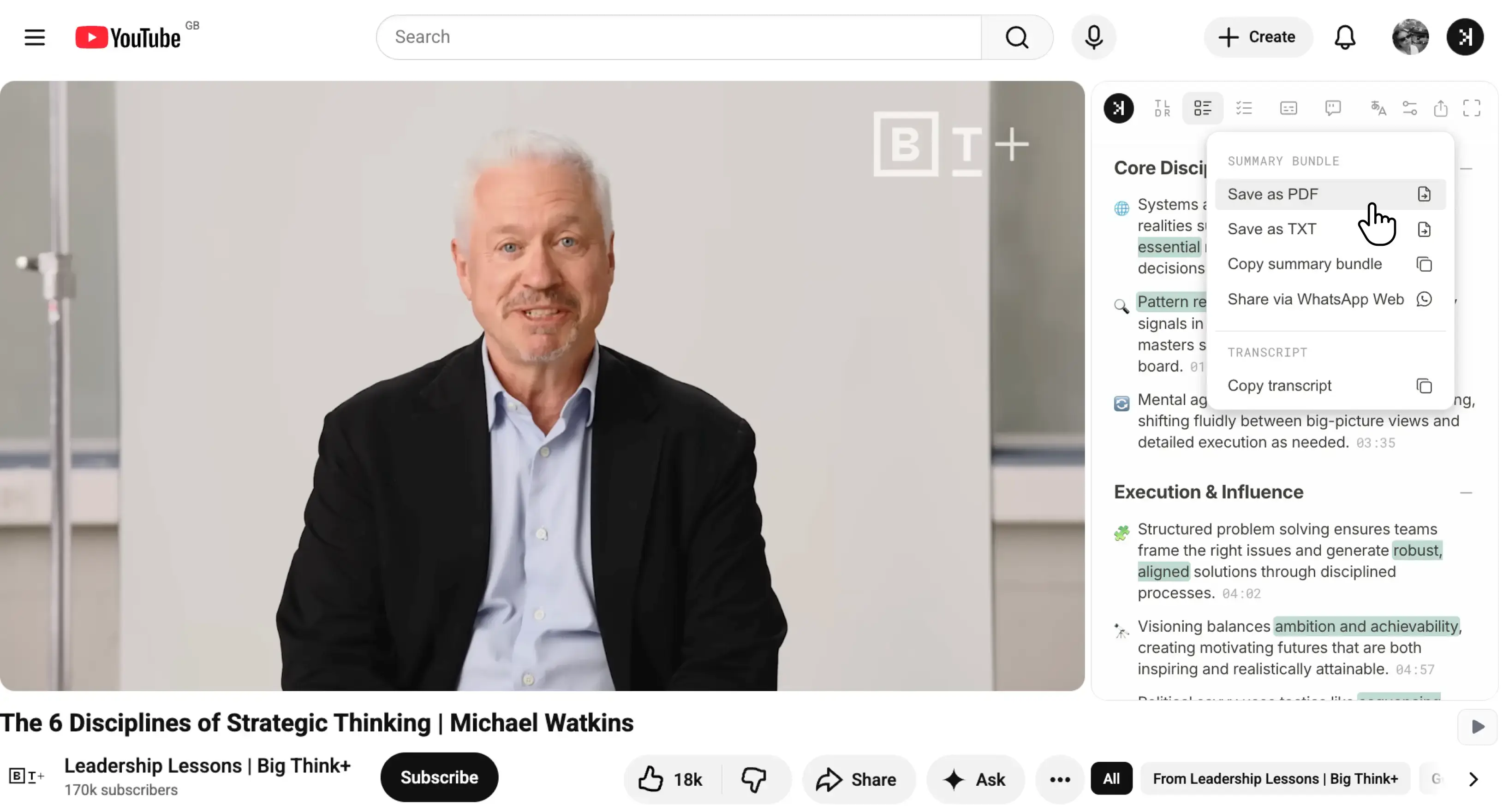 Export YouTube video to PDF with SkipBait on the YouTube watch page