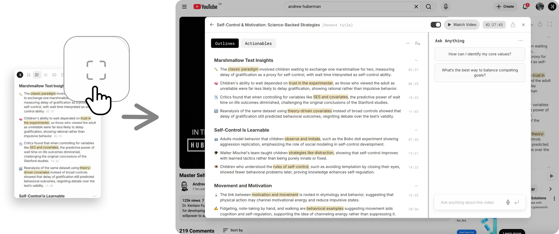 SkipBait expanded view with Outlines, Actionables, and chat side by side