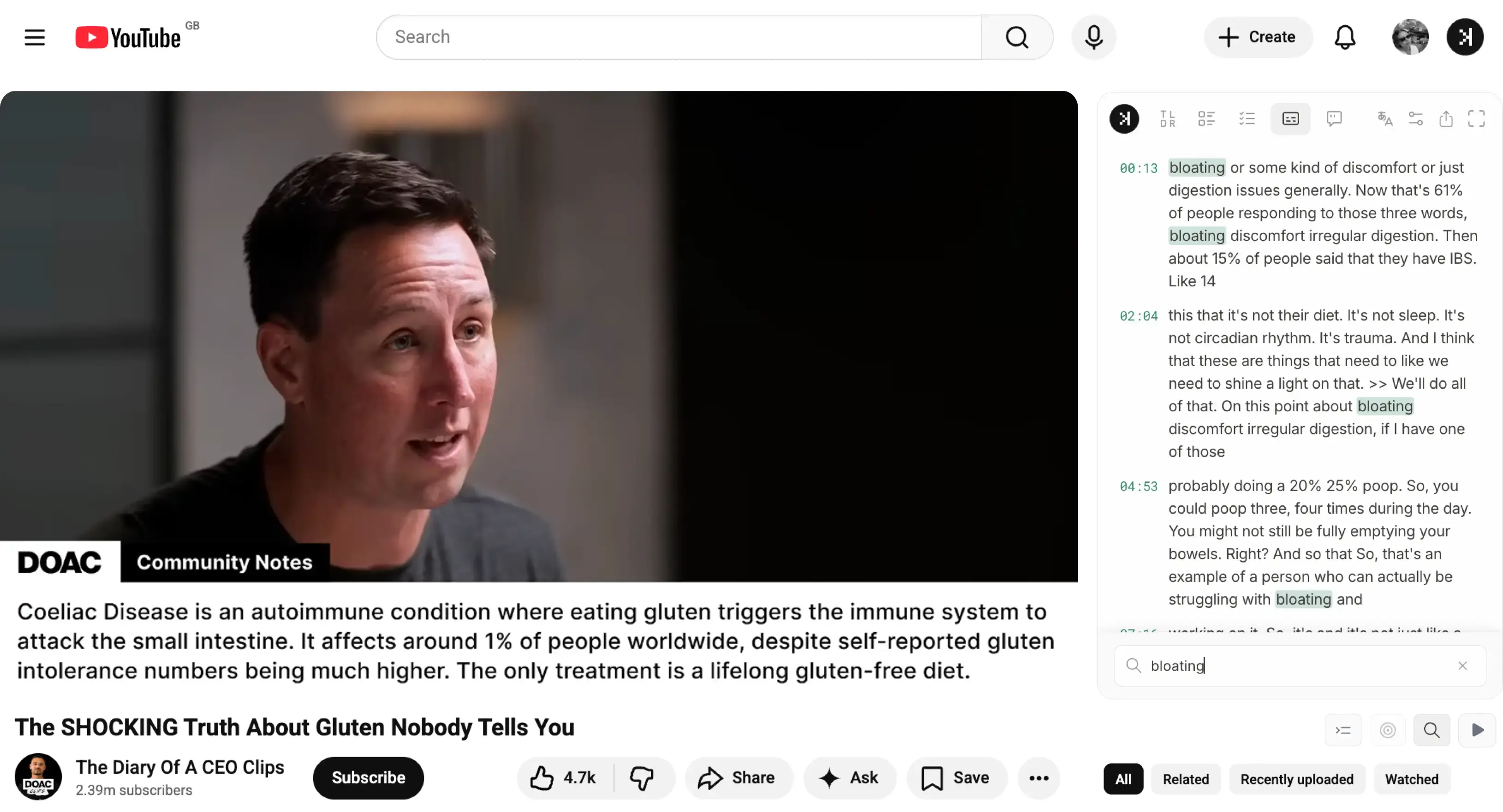 Search YouTube transcript in SkipBait on the YouTube watch page