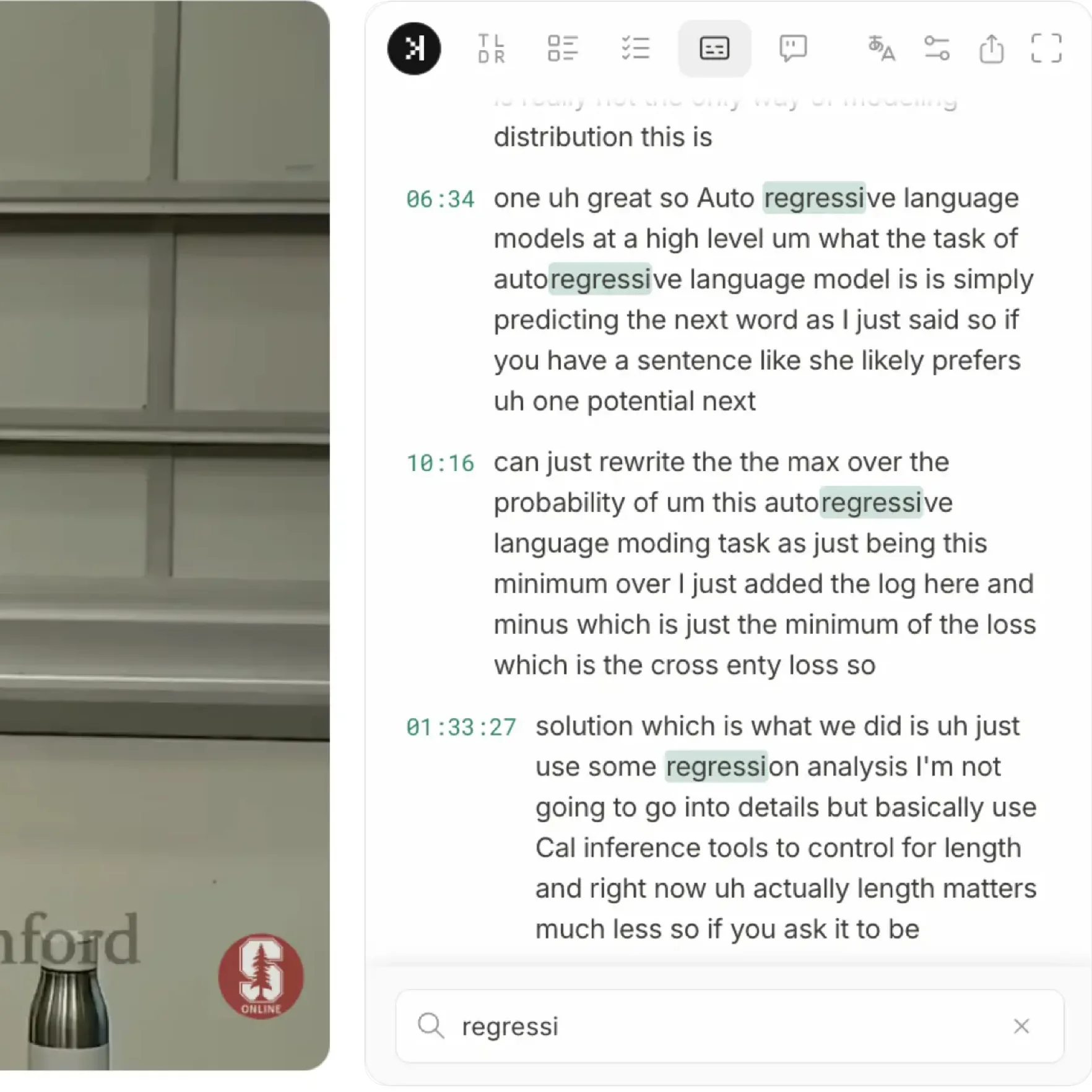 SkipBait chat finding when a topic was mentioned in a YouTube video, with a clickable timestamp