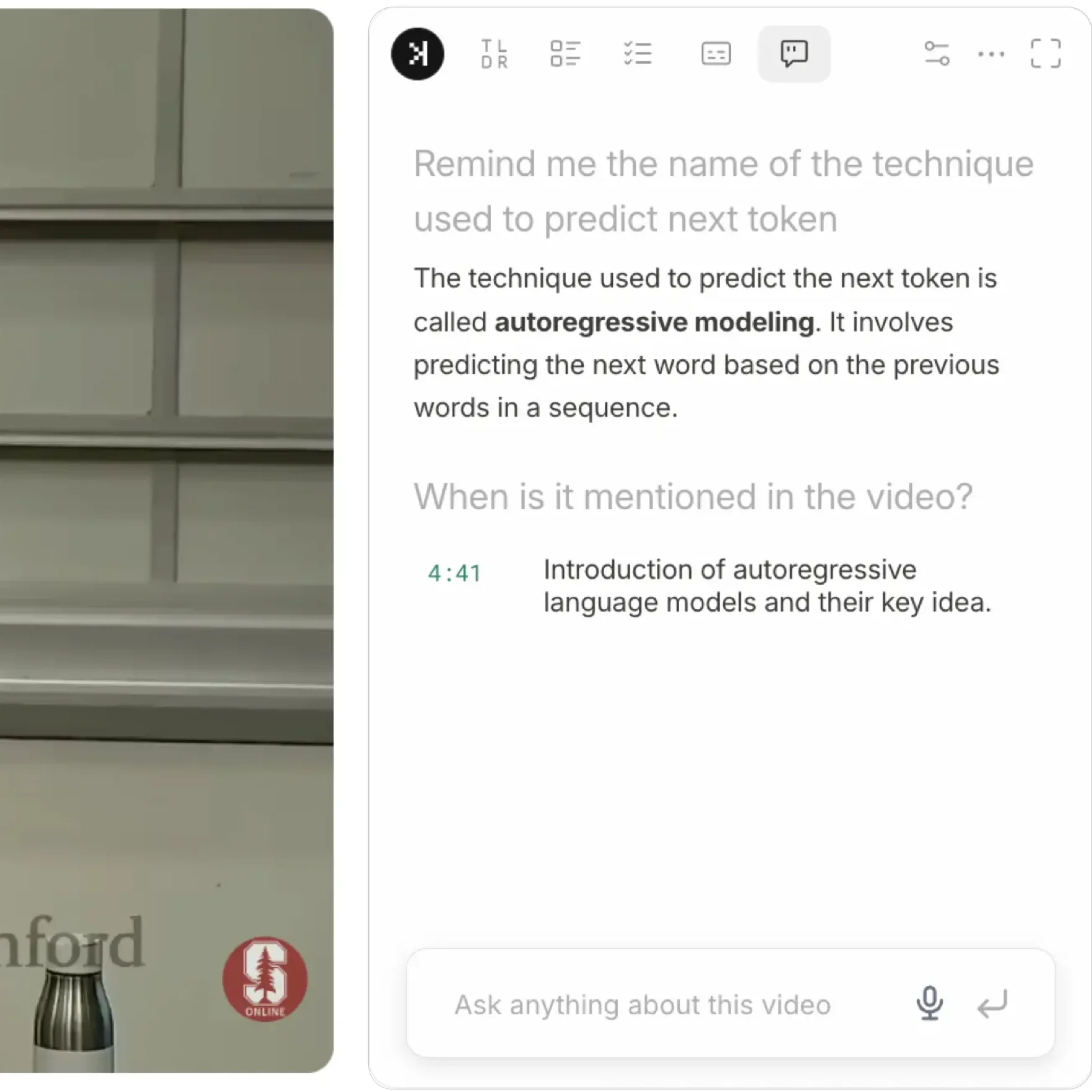 SkipBait chat finding when a topic was mentioned in a YouTube video, with a clickable timestamp