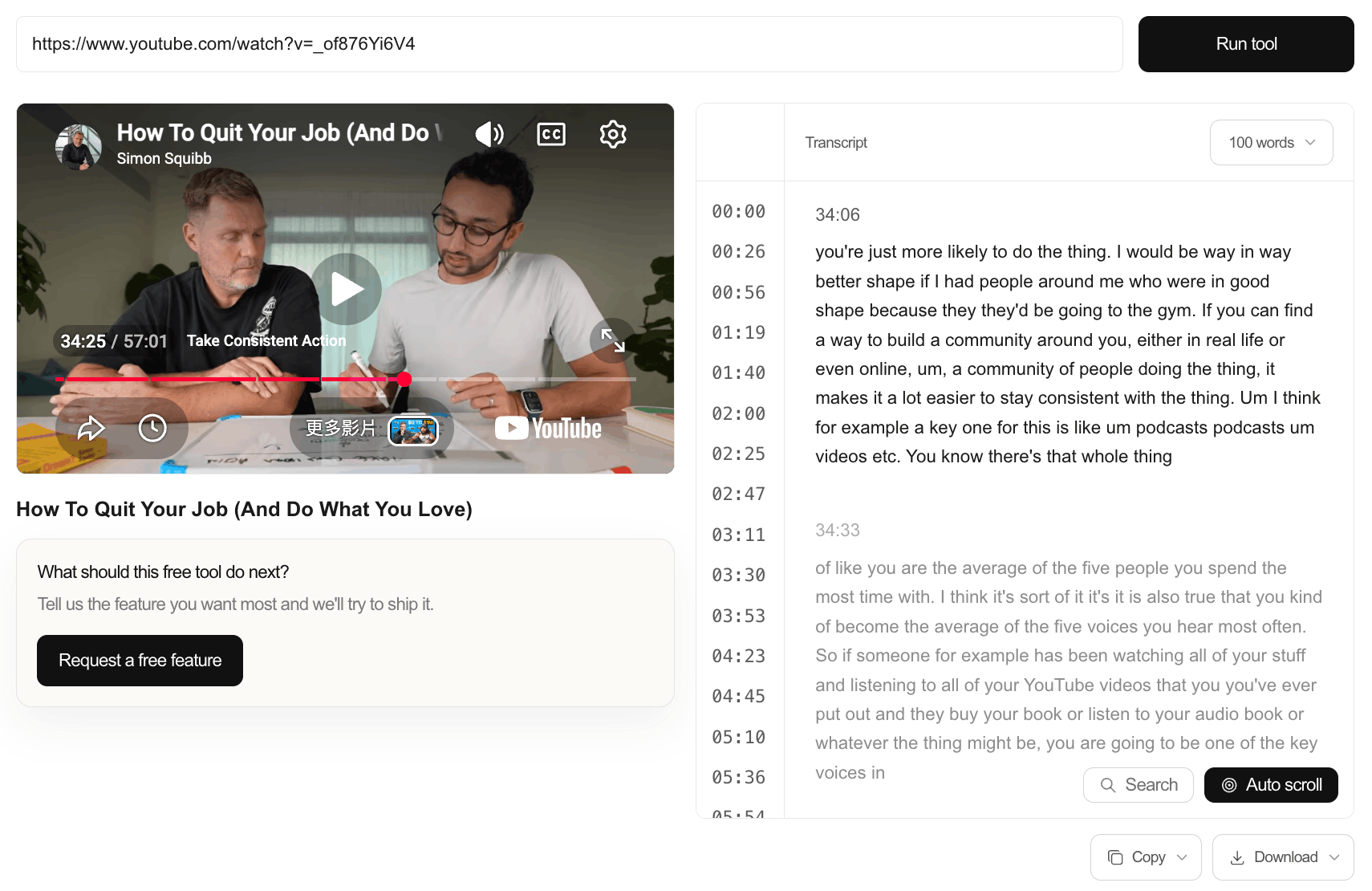 YouTube Transcript Downloader with video player, transcript split by chapter, and copy or download options